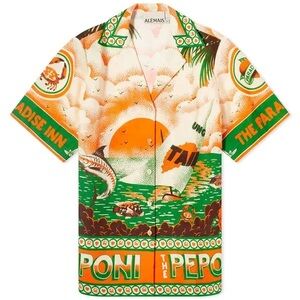 ALEMAIS Linen Tropical Shirt - Orange and Green